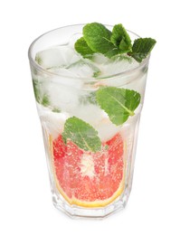 Delicious refreshing drink with sicilian orange, fresh mint and ice cubes in glass isolated on white