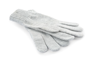 Pair of woolen gloves on white background. Winter clothes