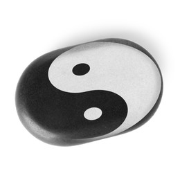 Stone with Ying Yang symbol on white background, top view. Feng Shui philosophy 