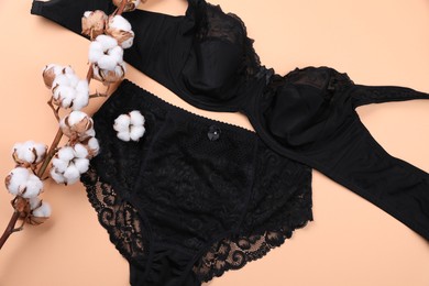 Elegant black plus size women's underwear and fluffy cotton flowers on beige background, flat lay