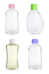 Set with bottles of baby oil on white background