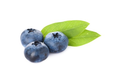 Tasty ripe fresh blueberries and green leaves on white background