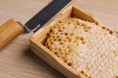 Honeycomb frame and uncapping knife on wooden table, closeup. Beekeeping tools