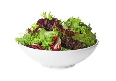Photo of Bowl with leaves of different lettuce on white background