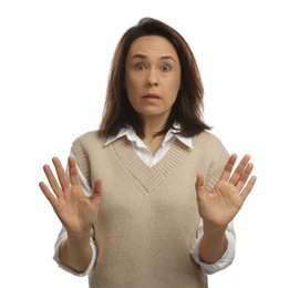 Mature woman feeling fear on white background
