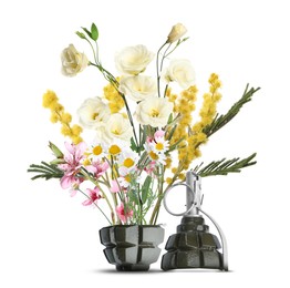 Image of Beautiful blooming flowers and hand grenade on white background. Peace instead of war