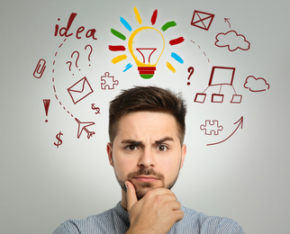 Image of Creative illustration and thoughtful man in casual outfit on light background. Business idea