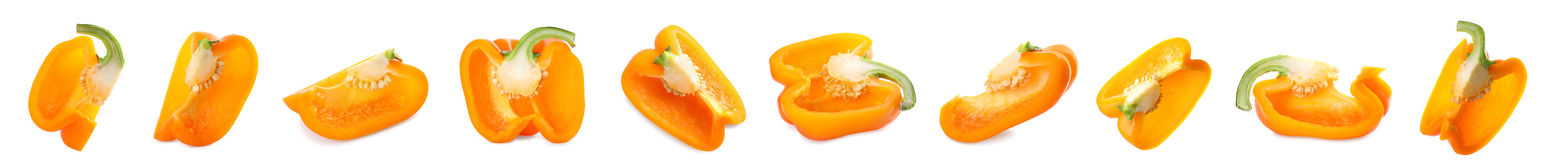Image of Set of cut ripe orange bell peppers on white background. Banner design 