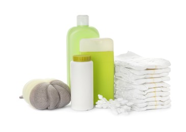 Photo of Set with different baby care products and dusting powder on white background