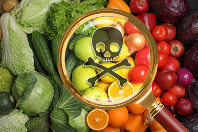 Magnifying glass on fruits and vegetables, top view. Food poisoning concept  