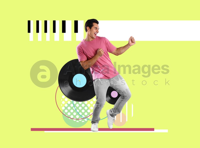 Handsome young man dancing on yellowish green background. Bright creative design