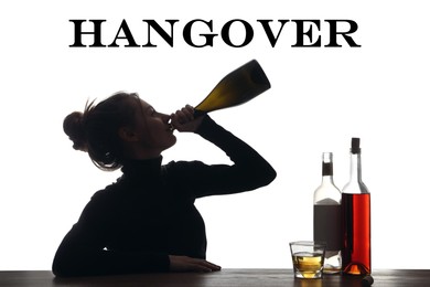 Image of Suffering from hangover. Woman drinking alcohol from bottle at table