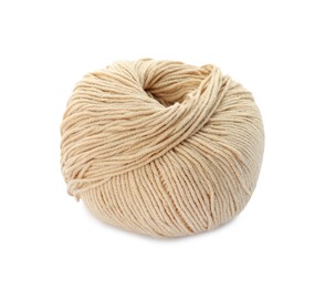 Photo of Soft beige woolen yarn isolated on white