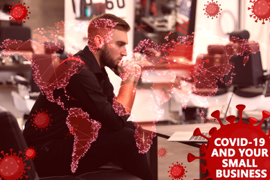 Double exposure of young man working with laptop in his barber shop and world map. Small business crisis during covid-19 outbreak