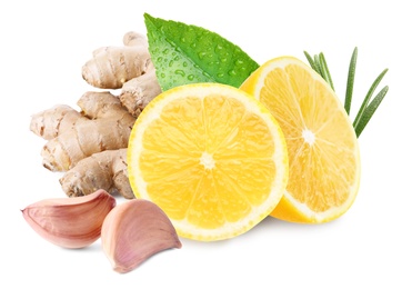 Image of Ginger root, lemon, garlic and rosemary on white background
