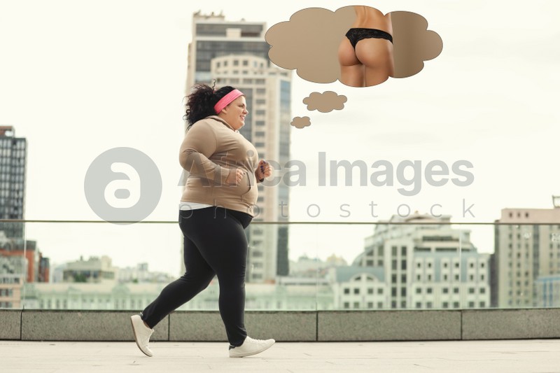 Motivated overweight woman dreaming about slim body while running outdoors. Weight loss concept