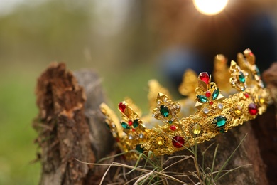 Photo of Beautiful golden crown on stump outdoors, closeup. Fantasy item