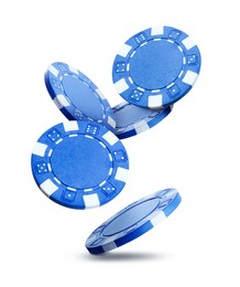 Blue casino chips falling on white background