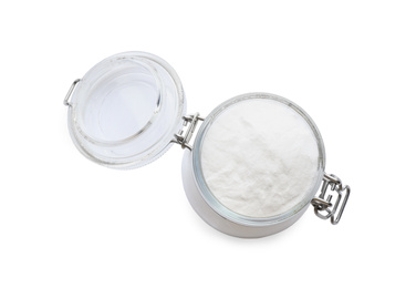 Baking soda in glass jar isolated on white, top view