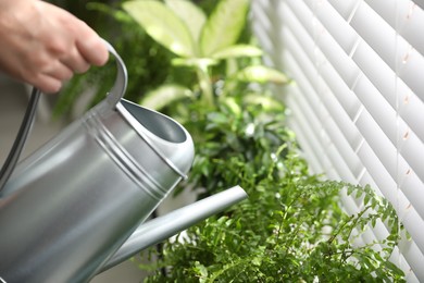 Photo of Woman watering plants near window at home, closeup