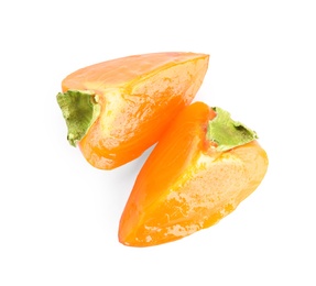 Slices of delicious persimmon isolated on white, top view