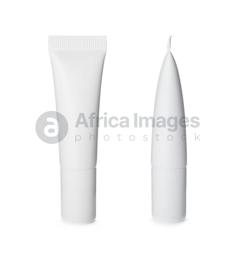 Blank tubes of cosmetic products on white background, collage. Mockup for design