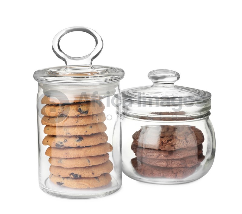 Jars of chocolate chip cookies on white background