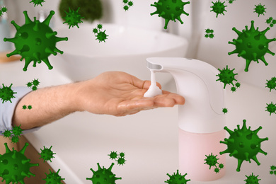 Man using automatic soap dispenser in bathroom, closeup. Washing hands during coronavirus outbreak