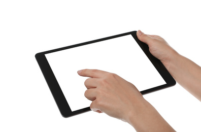 Woman using tablet computer with blank screen on white background, closeup. Modern gadget