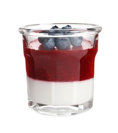 Delicious panna cotta with fruit coulis and fresh blueberries isolated on white