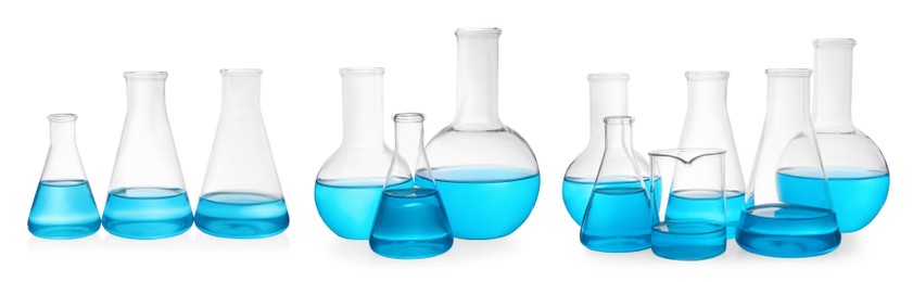 Different laboratory glassware with light blue samples on white background, collage. Banner design
