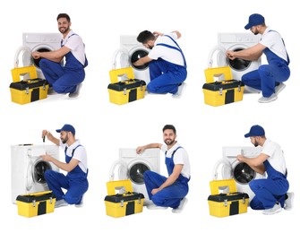 Collage with photos of plumber repairing washing machine on white background