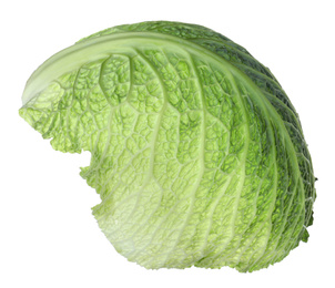 Photo of Green leaf of savoy cabbage isolated on white