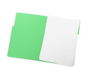 Light green file with blank sheets of paper on white background, top view. Space for design