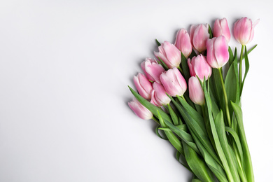 Beautiful pink spring tulips on white background, top view
