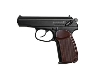 Standard handgun on grey background. Semi-automatic pistol