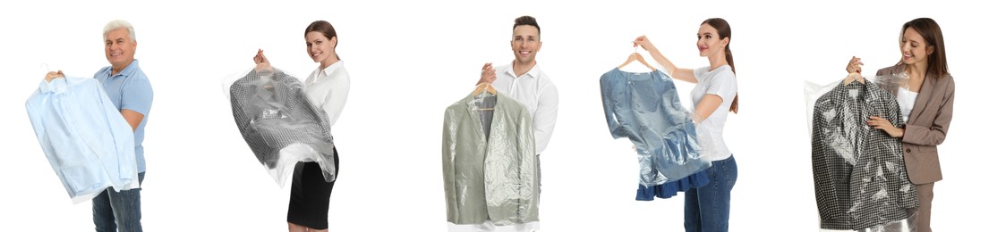 Collage with photos of people holding clothes on white background, banner design. Dry-cleaning service