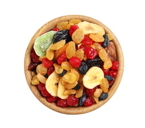 Bowl with different dried fruits on white  background, top view. Healthy lifestyle