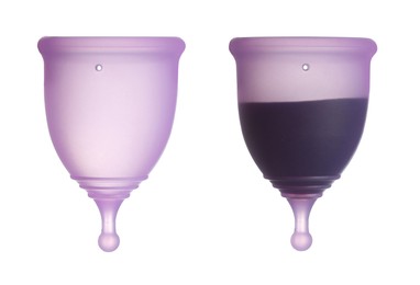 Purple menstrual cups on white background, one with blood. Collage