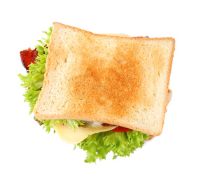 Photo of Yummy sandwich isolated on white, top view