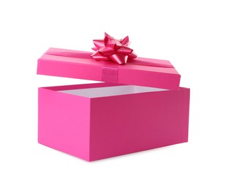 Pink gift box and lid with bow on white background