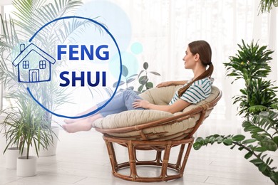 Young woman in room decorated with plants. Feng Shui philosophy 