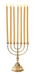 Golden menorah with burning candles on white background
