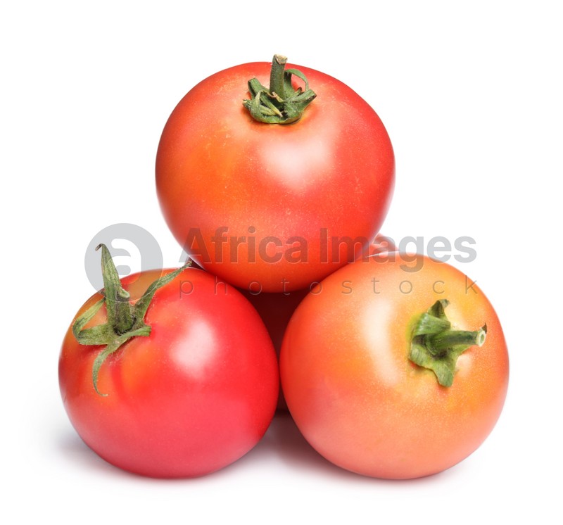 Delicious fresh ripe tomatoes on white background