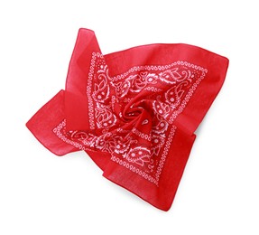 Red bandana with paisley pattern isolated on white, top view