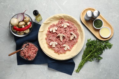 Photo of Flat lay composition with raw dough and ingredients on light grey table. Baking meat pie