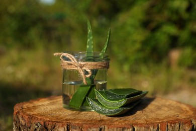 Green aloe vera leaves and glass jar on stump outdoors