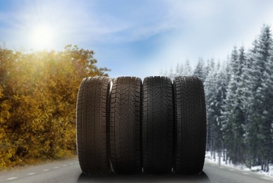 Set of new winter and summer tires on asphalt road, collage 
