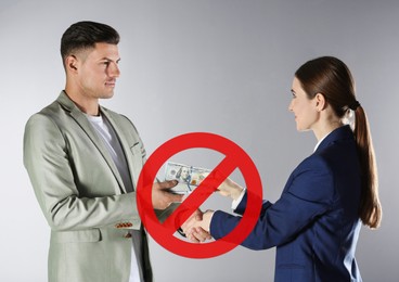 Stop corruption. Illustration of red prohibition sign and woman giving bribe to man on grey background