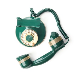 Elegant vintage green telephone isolated on white, top view